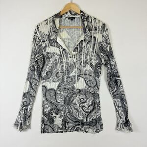 Komarov Womens Large Ivory Black Paisley Shimmer Romantic Lace Crinkle Shirt Top